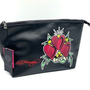 Ed Hardy Black Cosmetic Bag with Red and Yellow Heart Design